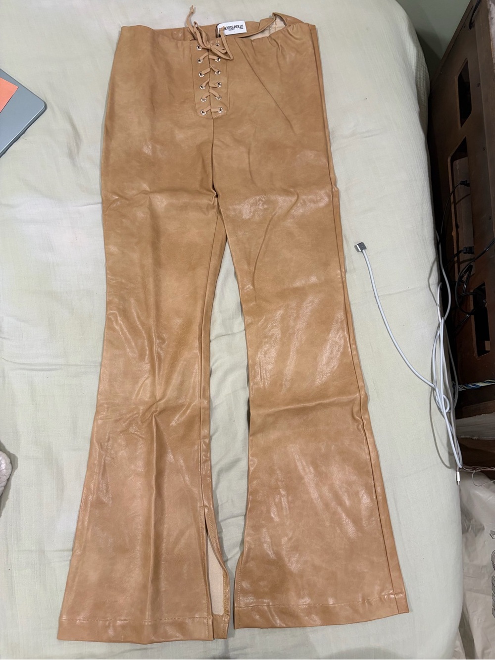 Princess Polly Tan Lace-Up Vegan Leather Flare Jeans